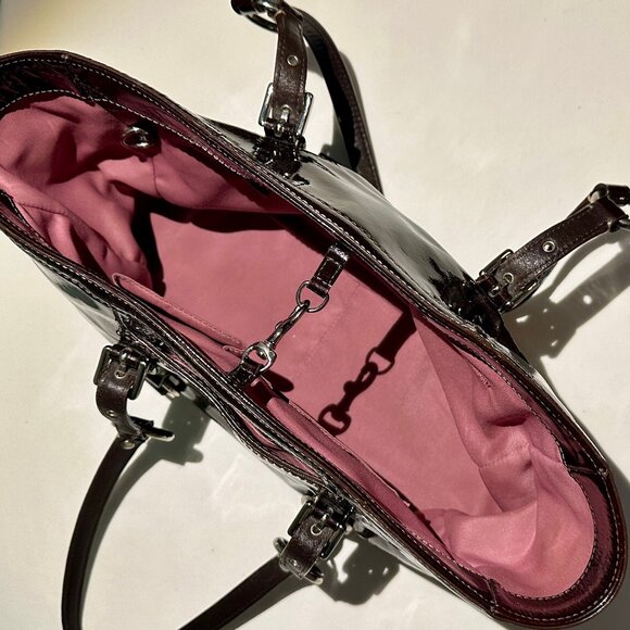 COACH East West Gallery Tote Patent Leather Brown Silver 10380 Clip Closure Tag - Picture 11 of 16